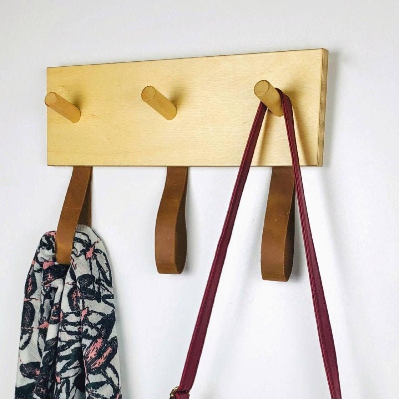 Wooden Peg Coat Rack Wall Mount Wood and Leather Coat Hooks Etsy