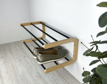 2-Tier Wall Shoe Rack: Birch Wood Black Metal, Small Entryway Organizer