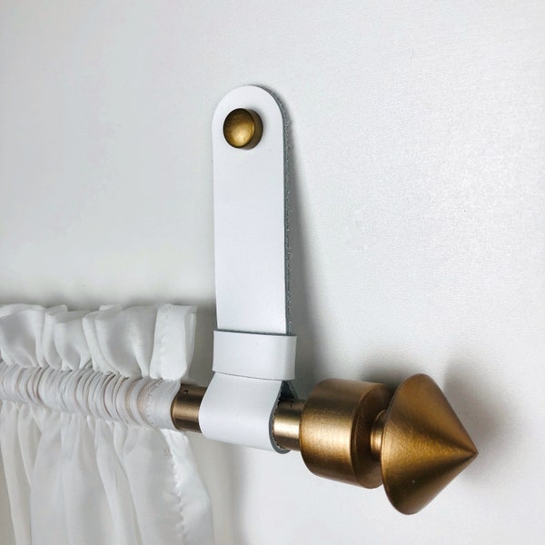 White curtain rod holder, Leather rod brackets, Wall hanging curtain straps