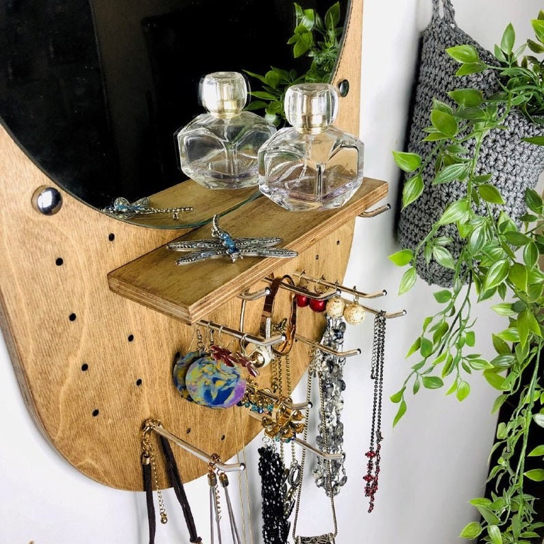 Mirror jewelry organizer Wall jewelry holder shelf Wood wall jewelry organizer with shelf Necklace holder wall Earring organizer wall image 5