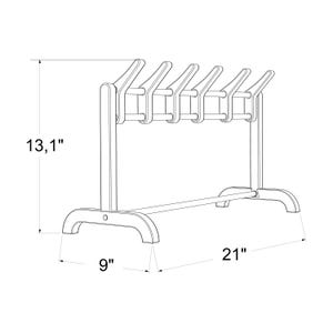 May include: A metal guitar stand with five hooks for holding guitars. The stand is 21 inches wide, 9 inches deep, and 13.1 inches tall.