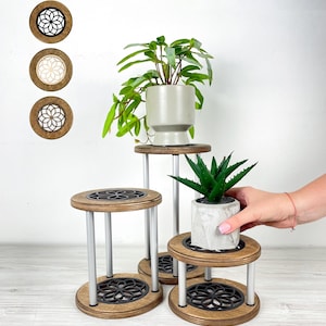 Wooden Mandala Plant Stand Set: Boho Tabletop Plant Display