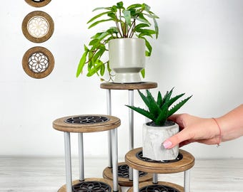 Wooden Mandala Plant Stand Set: Boho Tabletop Plant Display