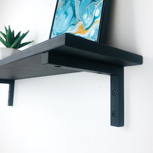 Black floating wood shelf for wall, Minimalist modern shelf with brackets