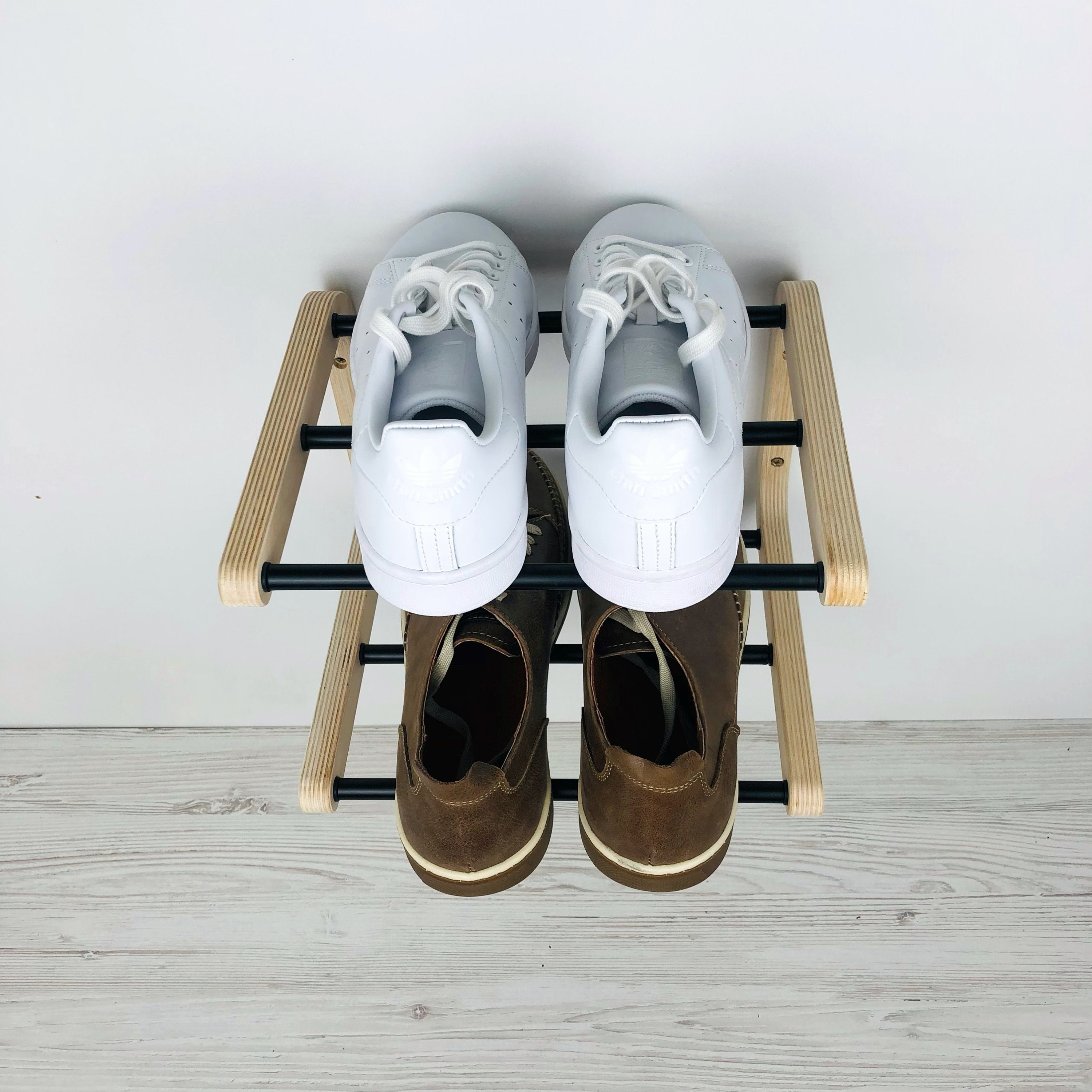 2-tier Wall Shoe Rack: Birch Wood & Black Metal, Small Entryway ...