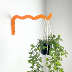 May include: An orange, wavy-shaped plant hanger mounted on a white wall. The hanger supports a black pot with a green leafy plant, suspended by white cords. The plant's leaves cascade downwards, creating a decorative display.