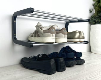 Étagère à chaussures murale noire : organiseur en bois et en métal à 2 niveaux