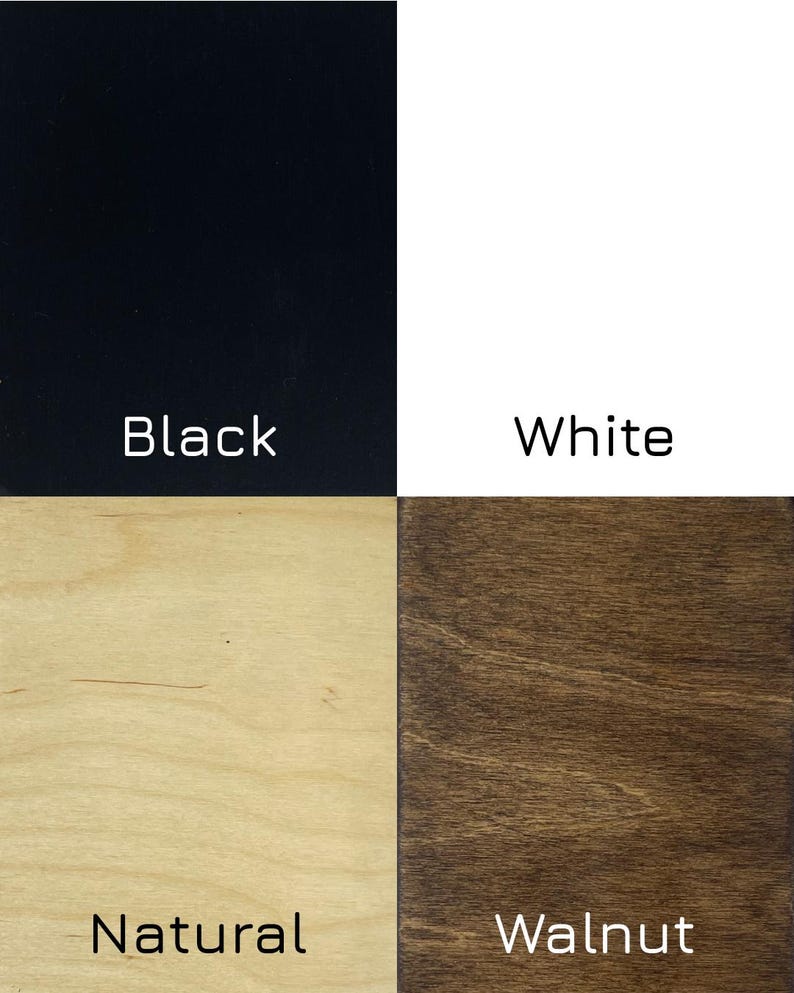 Puede incluir: Una muestra de color dividida en cuatro cuadrantes que presenta cuatro acabados distintos. El cuadrado superior izquierdo es negro s&oacute;lido con la etiqueta Black, el superior derecho es blanco s&oacute;lido con White, el inferior izquierdo es madera natural clara con Natural y el inferior derecho es madera de nogal oscura con Walnut.