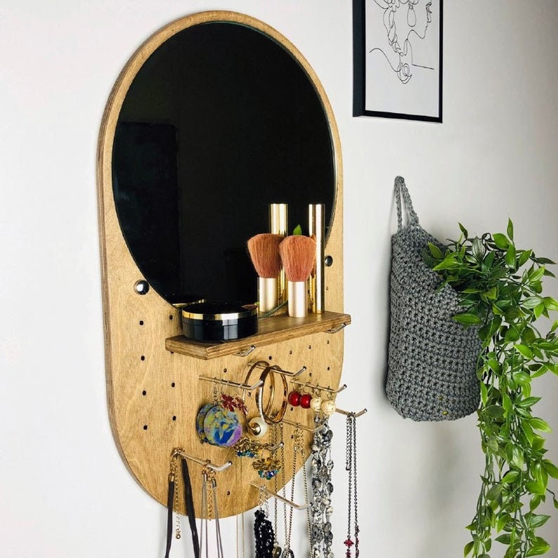 Mirror jewelry organizer Wall jewelry holder shelf Wood wall jewelry organizer with shelf Necklace holder wall Earring organizer wall image 3