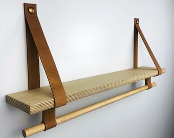 Leather shelf brackets with rod holder, Wall hanging straps for floating shelf