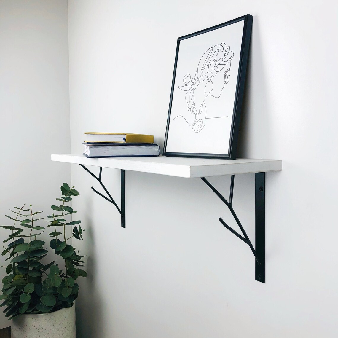 White Floating Shelf With Black Metal Brackets 24 Etsy