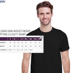 May include: A size chart for a Gildan 5000 Adult Heavy Cotton 5.3 oz T-shirt. The chart shows the body length, body width, and sleeve length in inches for sizes S through 5XL.