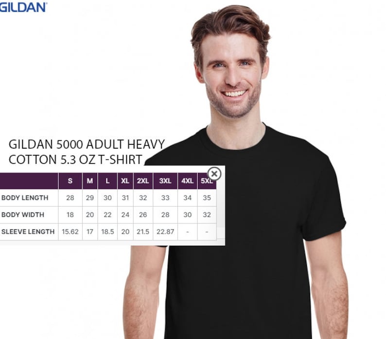 May include: A size chart for a Gildan 5000 Adult Heavy Cotton 5.3 oz T-shirt. The chart shows the body length, body width, and sleeve length in inches for sizes S through 5XL.