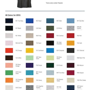 May include: A chart showing 48 different color options for a Delta Pro Weight Tear Away adult tee shirt. The chart includes color names and corresponding color swatches. The text "48 Colors for 2012" is at the top of the chart. The text "Main Label: Delta Pro Weight Tear Away" is at the top right of the chart. The text "Style# 11730" is at the top left of the chart. The chart also includes a size chart with measurements for body width, body length, and sleeve top with cuff in inches.