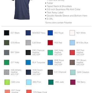 May include: A navy blue adult 30/1S semi-fitted tee shirt. The shirt is made of 100% ringspun cotton and has a tear-away label. The size chart shows measurements in inches for body width, body length, and sleeve top.