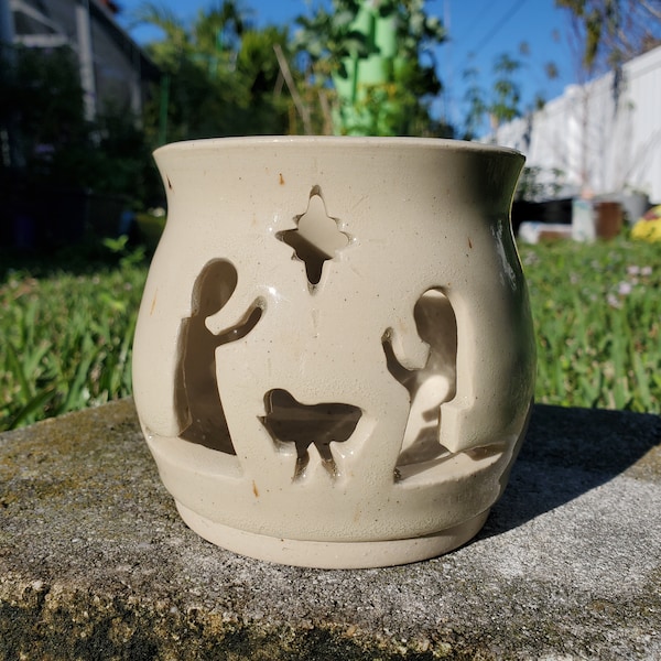 Christian Gift - Natural Stoneware Beige Handmade Pottery Ceramic Christmas Nativity Luminary Candle Holder Votive Decoration Gift Present