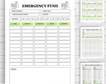 May include: A set of printable financial planning sheets. The main sheet is labeled "Emergency Fund" and includes sections for tracking savings progress. Additional sheets include "Sinking Funds," "Credit Card Payoff," and "Debt Payment Tracker."