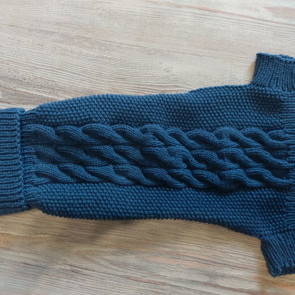 petrol blue dog clothes,cable dog sweater ,handknit ,dog clothing ,medium ,ready to ship,wool merino clothes