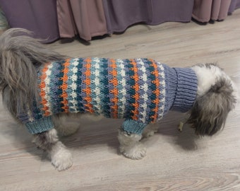multicolour dog clothes,cable dog sweater ,handknit ,dog clothing ,medium ,ready to ship,wool merino clothes