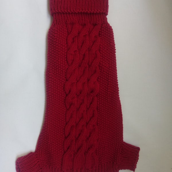 red dog clothes,cable dog sweater ,handknit ,dog clothing ,medium ,ready to ship,wool merino clothes