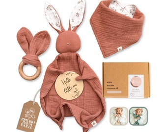 CADEAU DE NAISSANCE | Cadeau de naissance en set avec doudou lapins en mousseline, bavoir en mousseline et anneau de dentition en bois | Coton organique