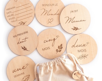 Cartes étapes bébé en bois en français - 30 moment de la naissance à 1 an sur 15 discs en bois gravés recto-verso, Cadeau futurs fathers