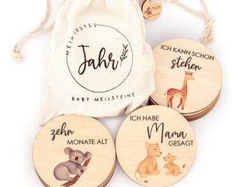 Houten babymijlpaalkaarten bedrukt met gekleurde diertjes - 30 mijlpalen op fijne houten schijfjes als cadeau voor geboorte/babyshower