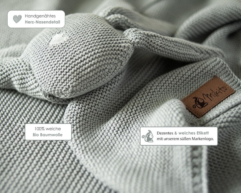 Coperta per bebè in 100% cotone biologico Elegante coperta lavorata a maglia con peluche Coniglio Regalo di nascita Morbido, traspirante e confezionato in modo sostenibile immagine 3