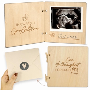 Schwangerschaft verkünden mit Holz-Büchlein | Ihr Werdet Großeltern | Du wirst Uroma | Du wirst Tante | Baby Verkündung Geschenk für Familie