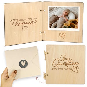 Demande parrain & demande marraine en bois met envelop | Bent u op dit punt in mijn parrain/ma marraine? | Cadeau marraine parrain met foto baby