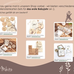 May include: A collection of wooden milestone cards for a baby's first year. The cards feature different designs, including animals, numbers, and text. The cards are arranged in a grid on a white background. The text on the cards reads "Holz Meilensteinkarten Baby auf deutsch", "Holz Meilensteinkarten Baby mit farbig", "Holz mit Makramee Meilensteinkarten B", "Holz mit Makramee Meilensteinkarten B", "Mikito Meilensteinbl&ouml;cke auf deutsch", and "Baby Meilensteinkarten f&uuml;r Junge und".