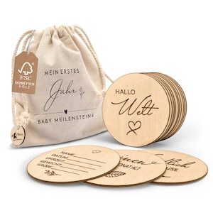 Wooden baby milestone cards in German - 30 milestones on elegant wooden discs as a birth gift for pregnant women and expectant mothers.