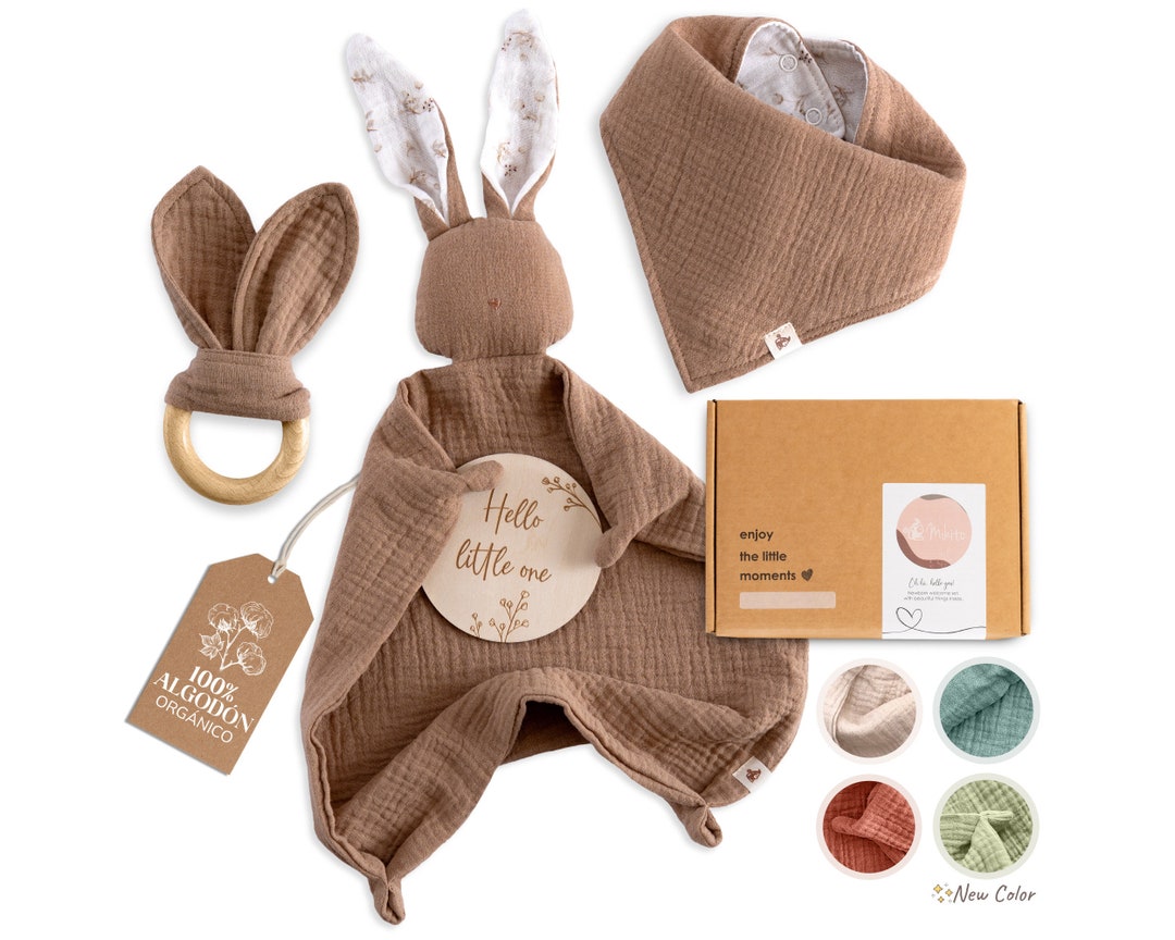 Baby Gift Set for Birth With Muslin Comforter, Bib & Wooden Teething ...