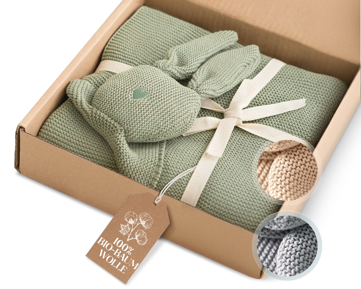 Babydecke aus 100% Bio-Baumwolle | Edle Strickdecke mit Kuscheltier „Hase“ | Geschenk zur Geburt | Weich, atmungsaktiv & nachhaltig verpackt