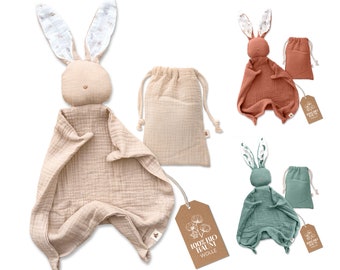 Doudou lapin en coton biologique | Couverture câline en mousseline comme cadeau de naissance pour bébé | Couvertures et couettes câlines | Peluche bébé