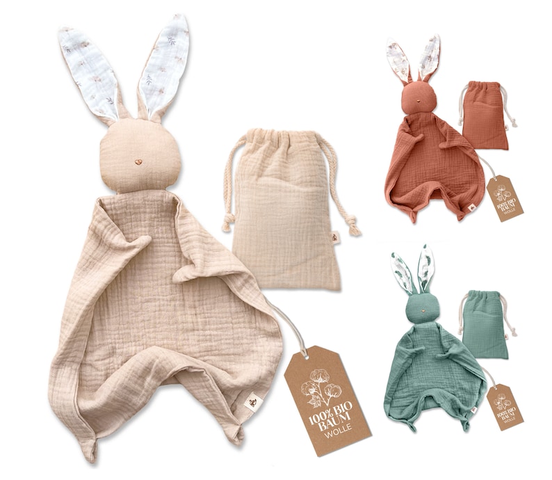 Schnuffeltuch Hase aus Bio-Baumwolle Musselin Schmusetuch als Baby Geschenk zur Geburt Schnuffeltücher & Trösterchen Kuscheltier Baby Bild 1