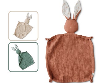 Doudou lapin en coton biologique | Couverture câline en mousseline comme cadeau de naissance pour bébé | Couvertures et couettes câlines | Peluche bébé