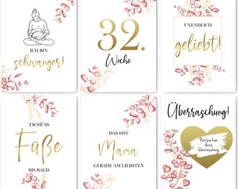 Tarjetas de hitos del embarazo con detalles dorados | 40 hitos, incluidas 4 tarjetas rasca y gana hechas por ti mismo para anunciar el embarazo.