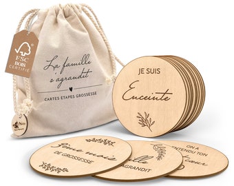 Kaarten Étapes de Grossesse en Bois en Français - 30 jalons sur de magnifiques disques de bois, een ideaal cadeau voor toekomstige moeders.