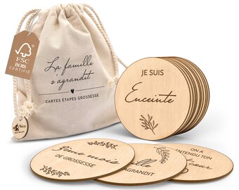 Cards Étapes de Grossesse en Bois en Français - 30 jalons sur de magnifiques disques de bois, um cadeau ideal para futuras mães.