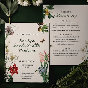 Vintage Floral Bachelorette Party Invitation and Itinerary Template | Bachelorette Weekend Digital Invitation | Lithograph Flower Invitation