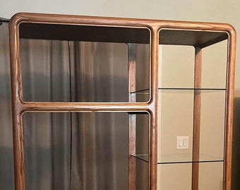Vintage Modernist Wood Glass Shelves Room Divider Display