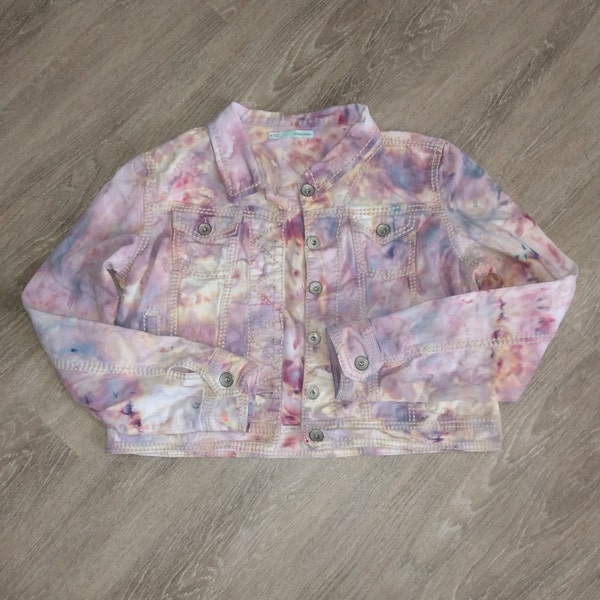 Tie Dye / Ice Dye Crop Denim Jacket / Upcycled / Recycled  / Festival / Hippie / Boho / Women's Small / Teen XL / Maruices  Brand  / OOAK