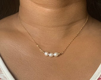 Gold Pearl Necklace, Dainty Freshwater Pearl Necklace, 14K