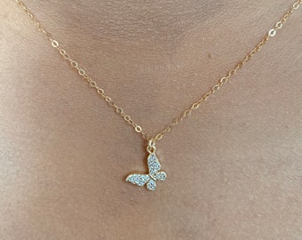 Butterfly Necklace, Gold Filled Butterfly Charm Necklace, Gold Butterfly Pendant Necklace with CZ Stones, Women's necklace, Dainty necklace
