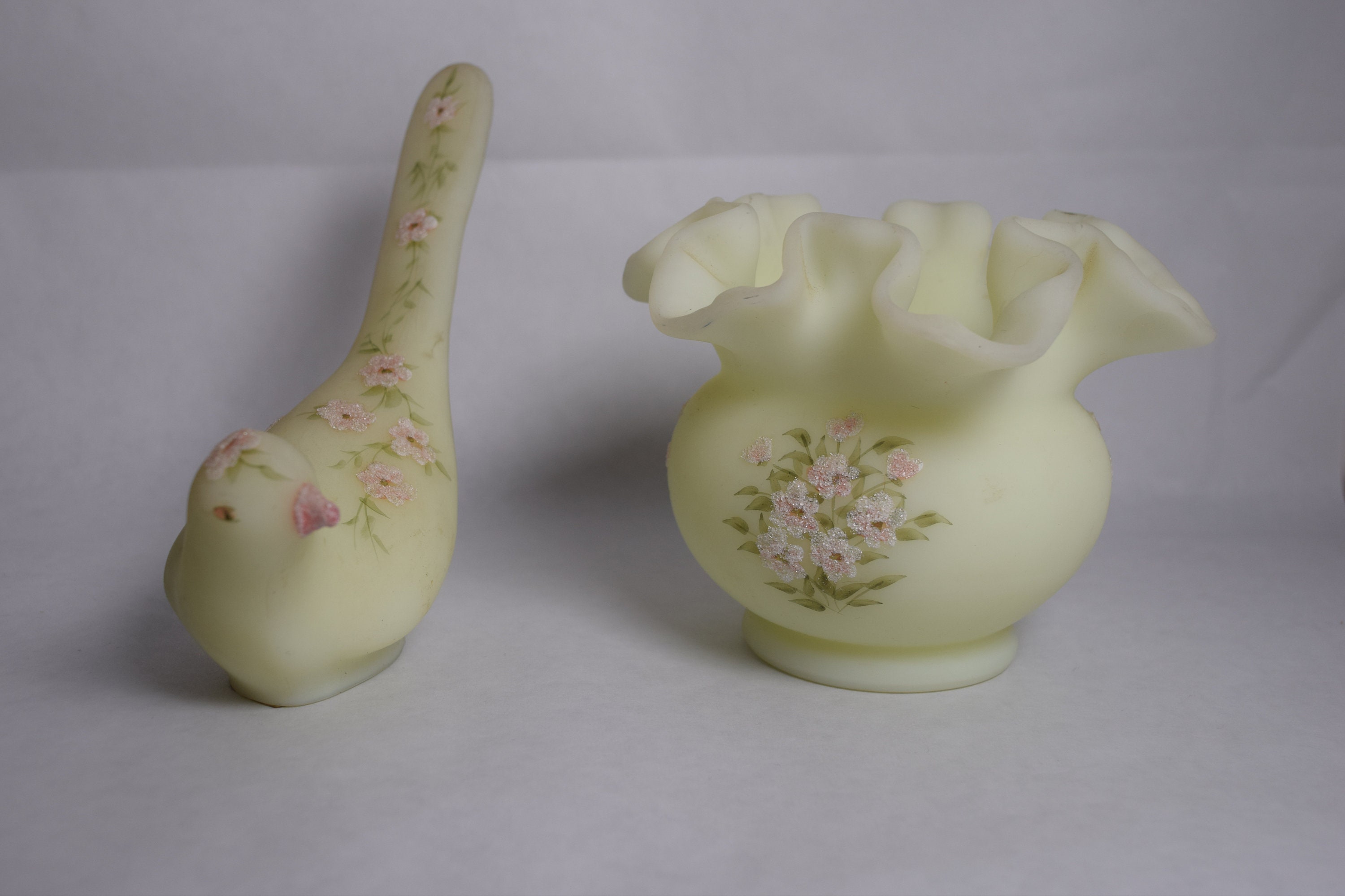 Vintage Fenton Custard Glass Bird of Happiness and Fluted Vase Etsy