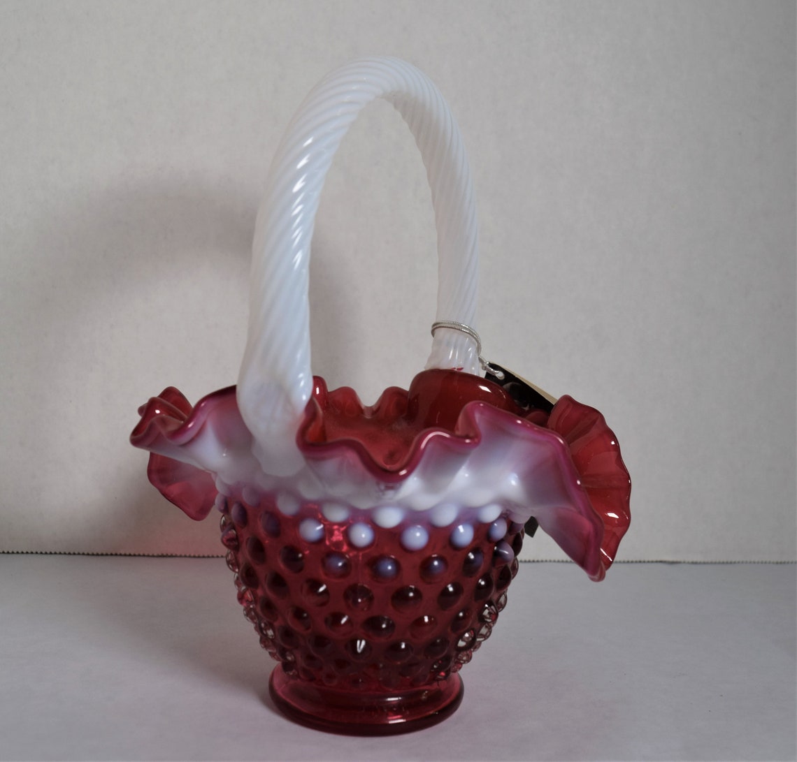 Vintage Fenton Hobnail Red and White Glass Basket Etsy