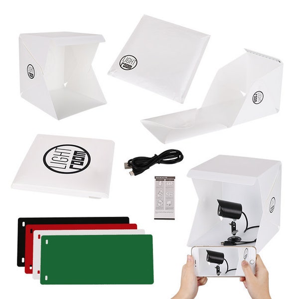 Mini Photo Studio Box, 9 x 9 Inches Shooting Tent Kit, Foldable Photography Booth With LED Beads + 4 Colors Backdrops