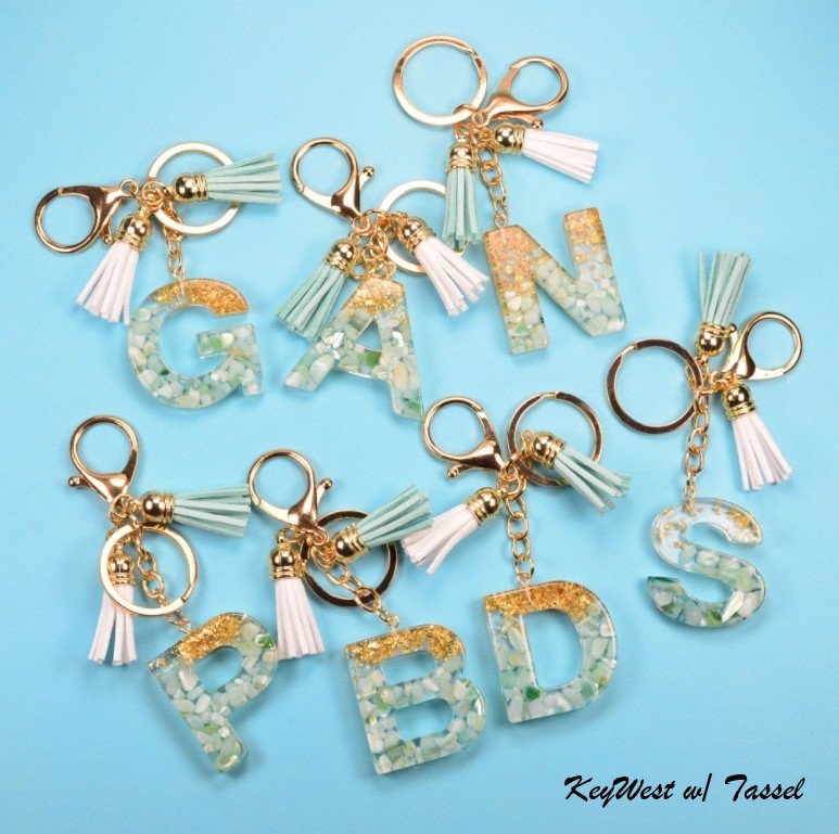 Custom Letter Initial Resin Keychain, Real Stone, Beautiful, Resin