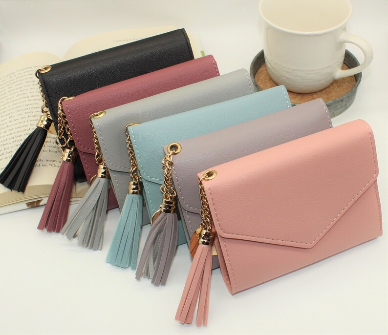 Tri Fold Wallet, Women, ID Card Holder Purse, Heart Tag with PU Leather Tassel, for Women Girls 